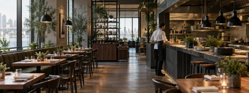 A restaurant team member preparing the service counter beside a set dining room